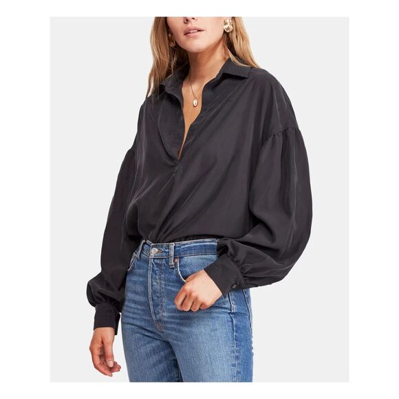 WE THE FREE Women's Medium Black Long Sleeve Collared Blouse - Picture 1 of 10